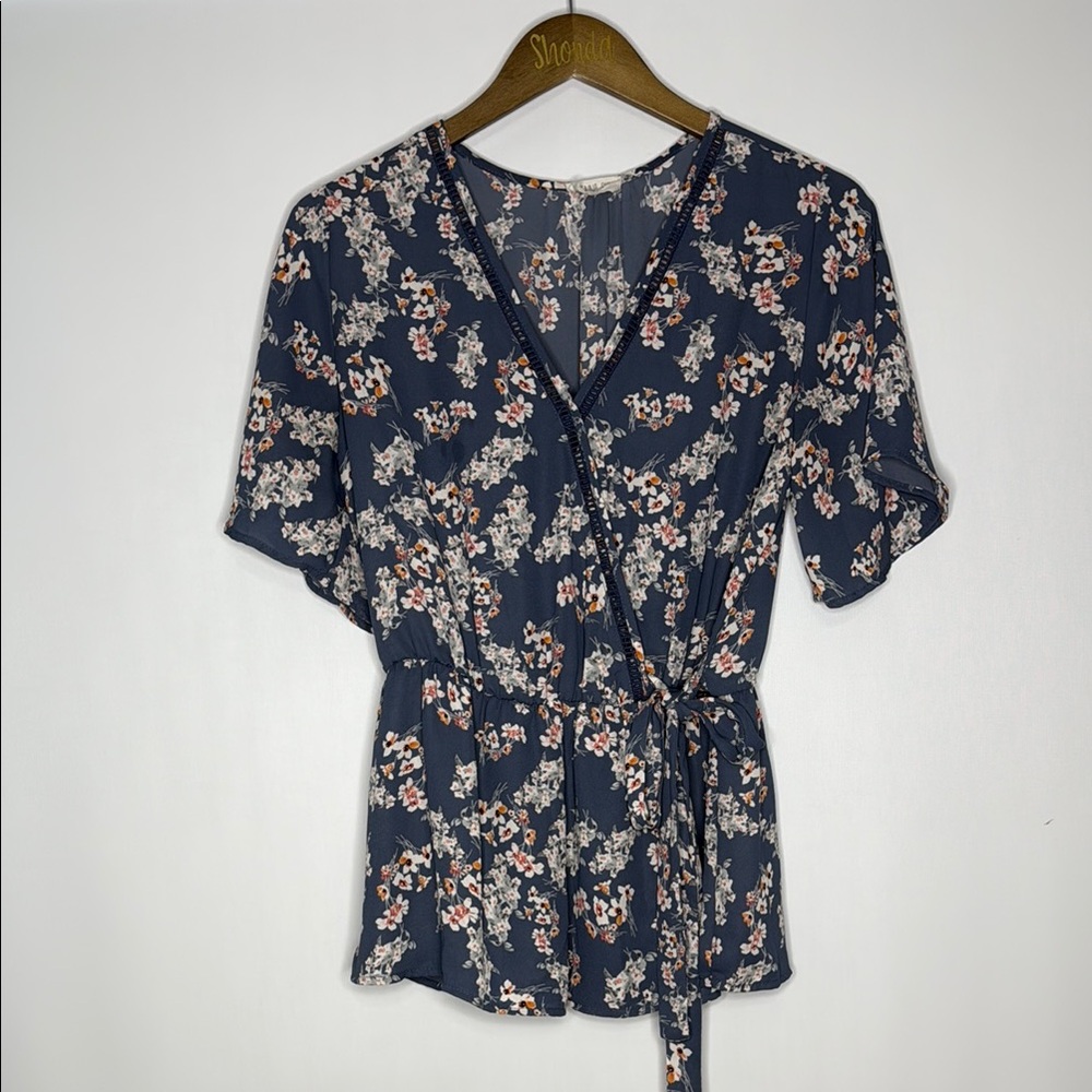 Sienna Sky Dusty Blue Floral Flutter Sleeve Wrap Blouse